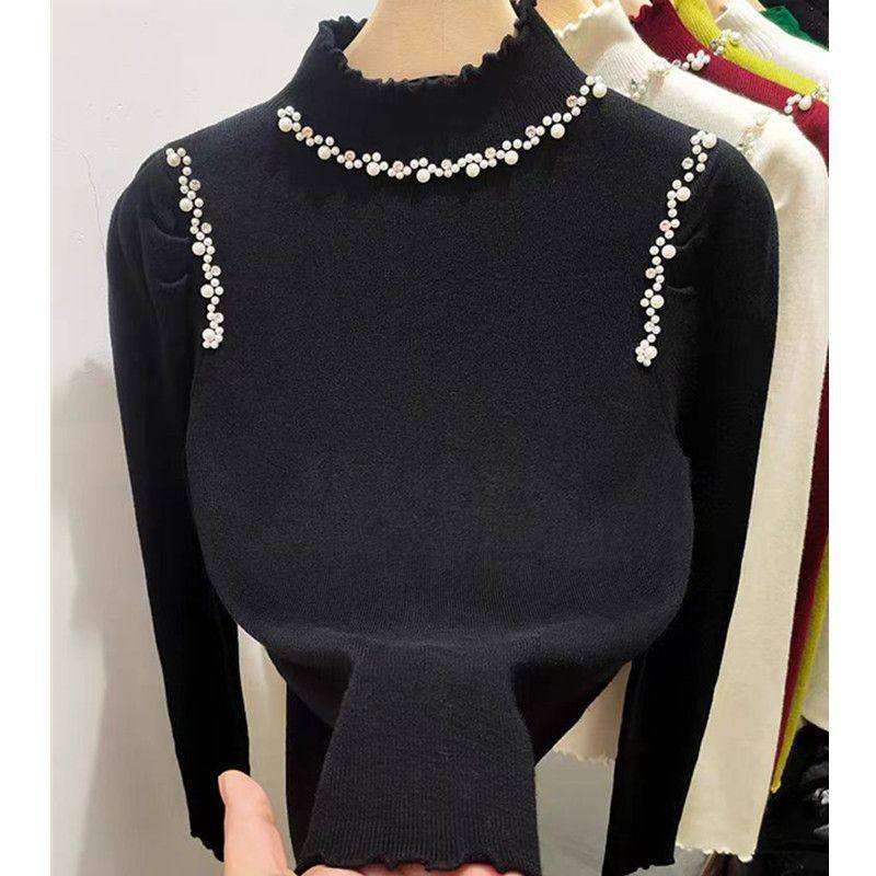 韩版半高领钉珠针织衫女内搭2025秋冬新款修身显瘦长袖打底衫上衣