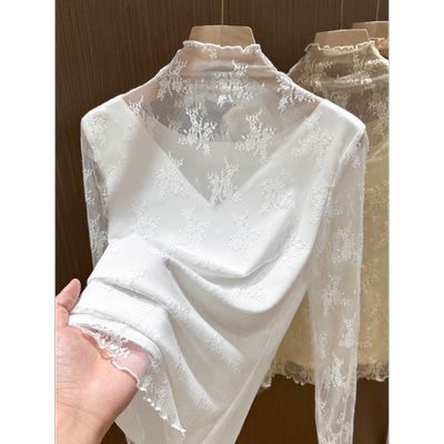 加绒加厚蕾丝半高领打底衫女秋冬2025新款叠穿内搭毛衣木耳边纱衣