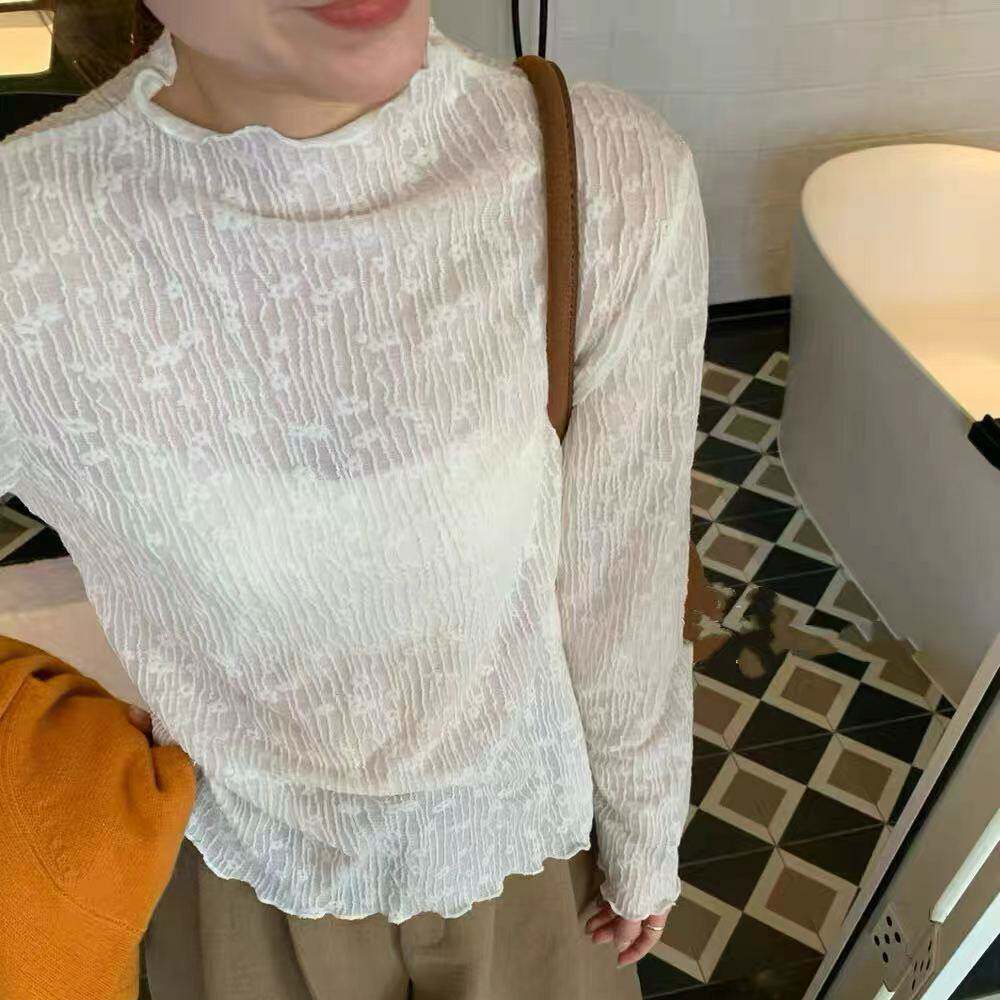 正版2026早秋新品圆领高弹力压皱木耳边蕾丝钩花打底衫T恤女