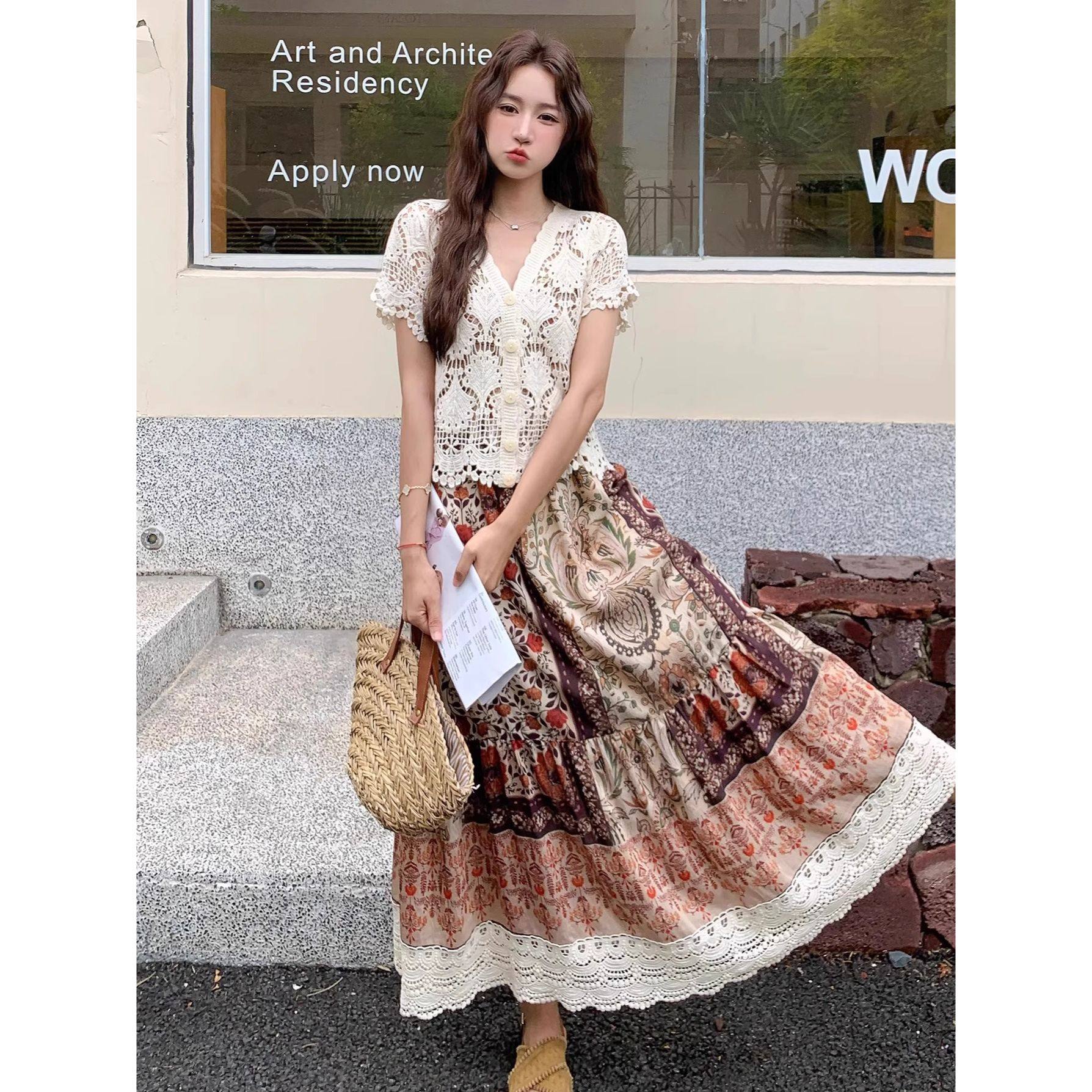 波西米亚钩花镂空短袖针织开衫女夏吊带外搭蕾丝披肩冰丝防晒罩衫