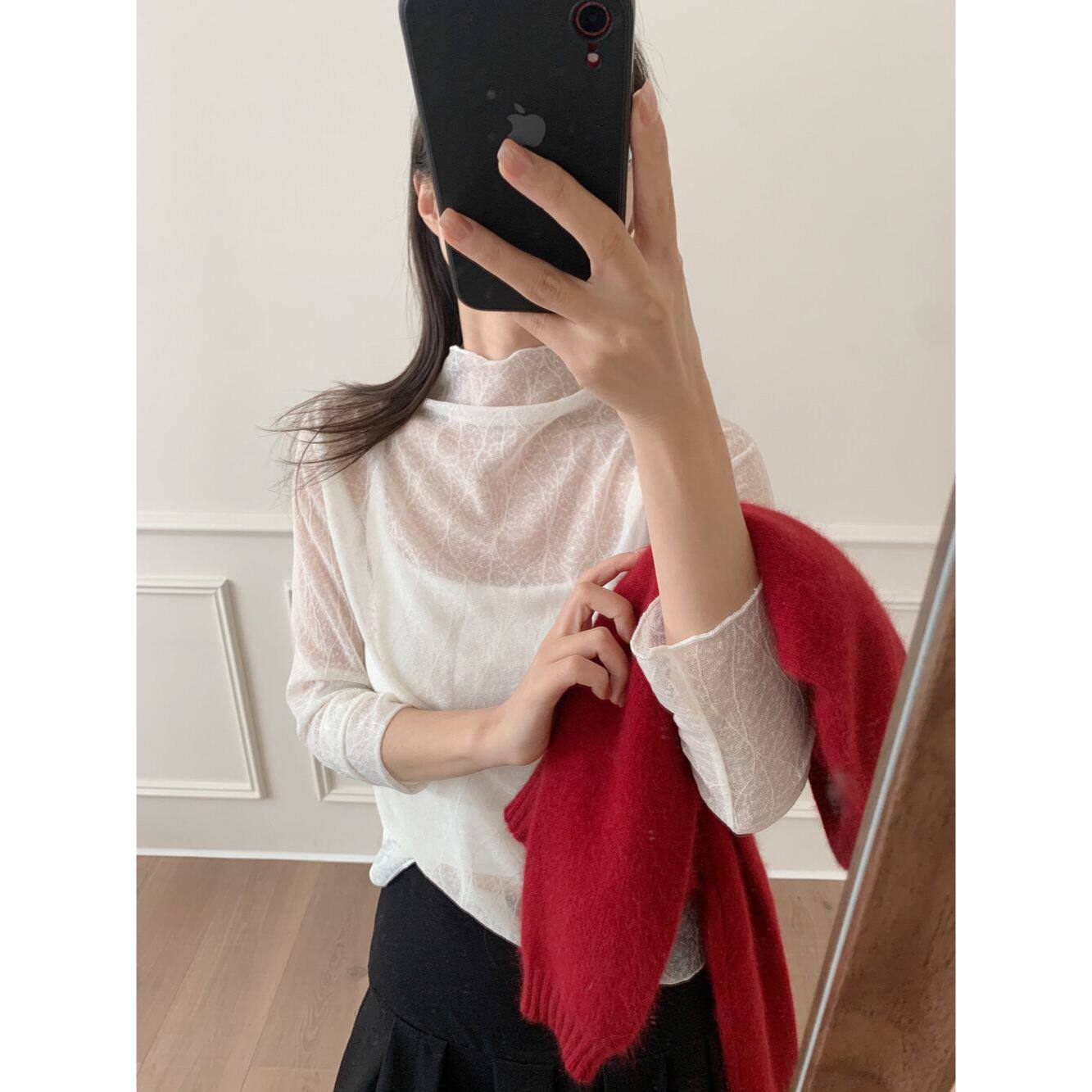 秋冬蕾丝毛衣伴侣肌里感树叶花纹半透明蕾丝打底衫女2025秋新款