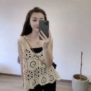 波西米亚风钩花镂空针织背心马甲女夏季大码叠穿吊带罩衫无袖上衣
