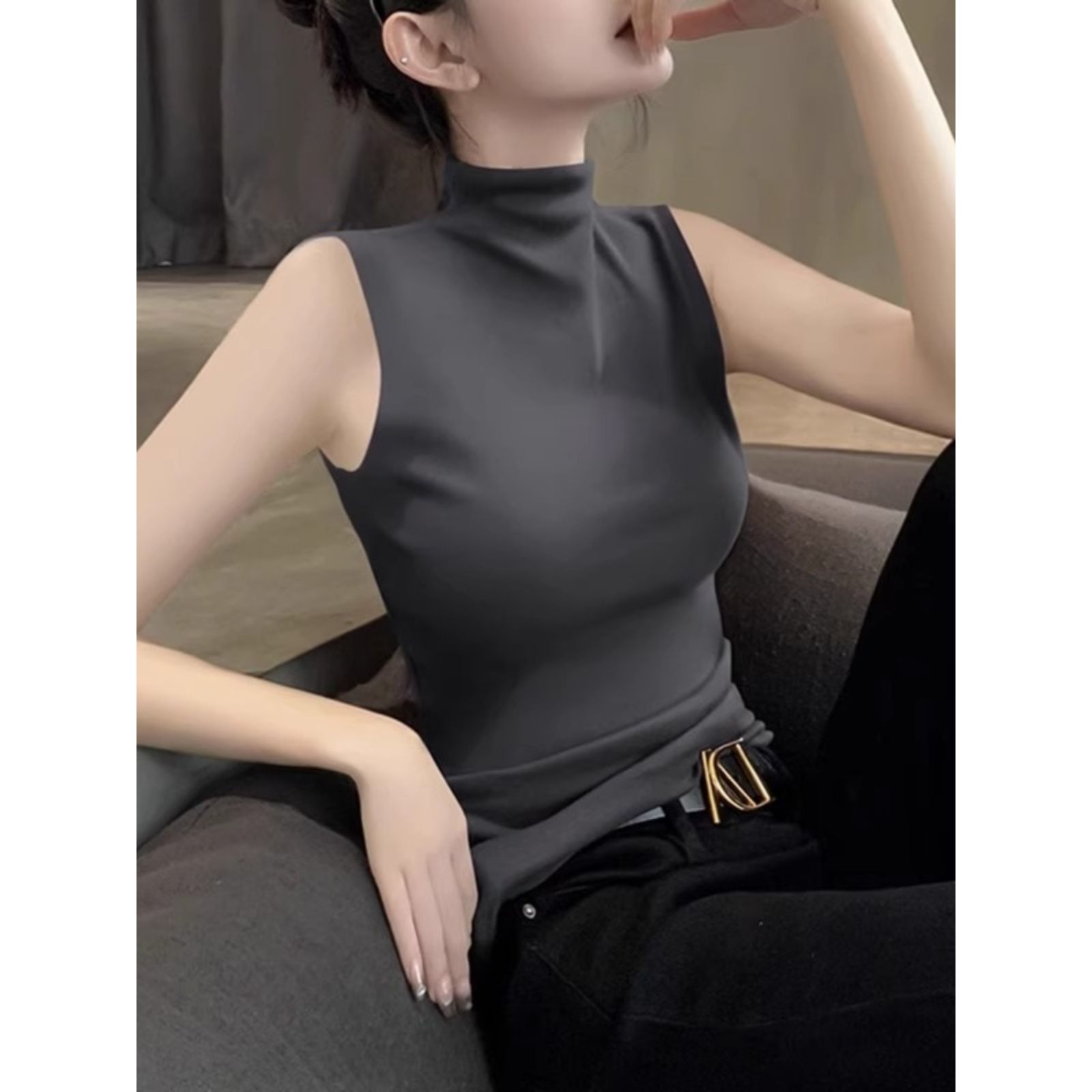 正肩针织小背心吊带女外穿西装内搭半高领无袖上衣美式中领打底衫