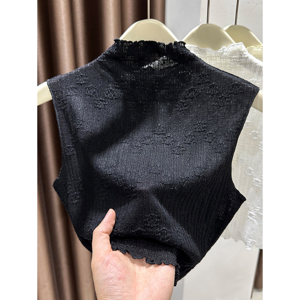 春秋季温柔风内搭木耳边蕾丝纱衣打底衫女半高领无袖网纱假领背心