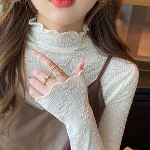 蕾丝打底衫女2024新款小衫白色内搭半高领木耳边春秋冬季薄款上衣