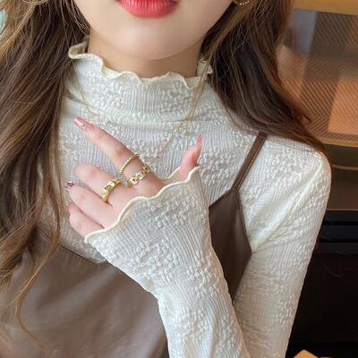 蕾丝打底衫女2024新款小衫白色内搭半高领木耳边春秋冬季薄款上衣
