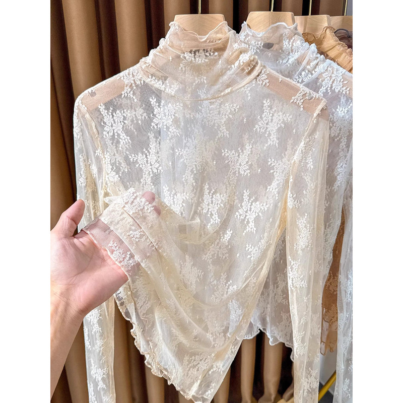 木耳边高领蕾丝叠穿打底衫女纱衣2025新款毛衣内搭透视网纱高级感
