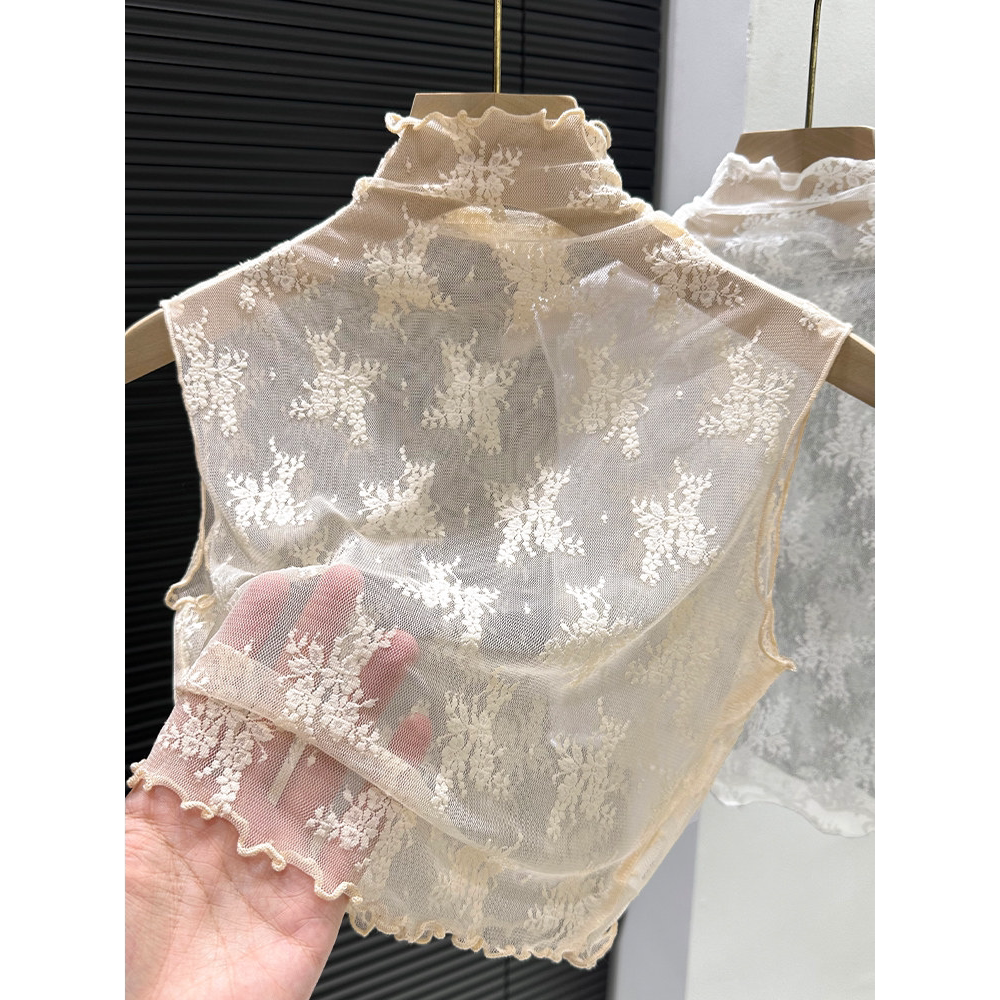 半高领网纱假领子女春秋季内搭蕾丝木耳边无袖吊带背心打底衫上衣