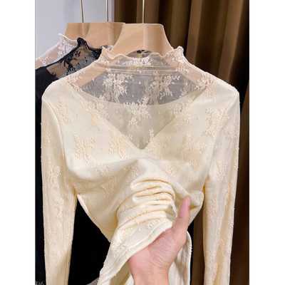 半高领加绒蕾丝打底衫女内搭春秋冬2025新款叠穿镂空气质网纱上衣