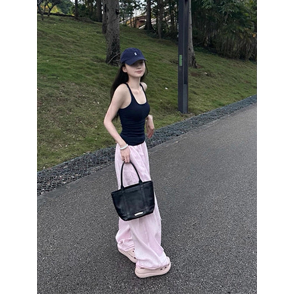 酷辣拽姐穿搭藏青色工字带胸垫吊带背心女外穿健身运动美背小上衣