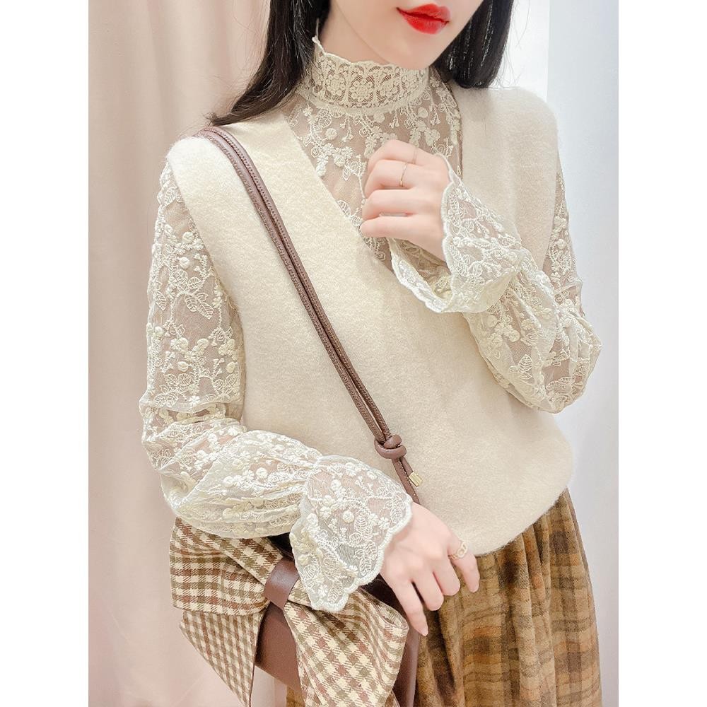 白色高领网纱打底衫女长袖2023新款秋冬高级感蕾丝内搭上衣修身