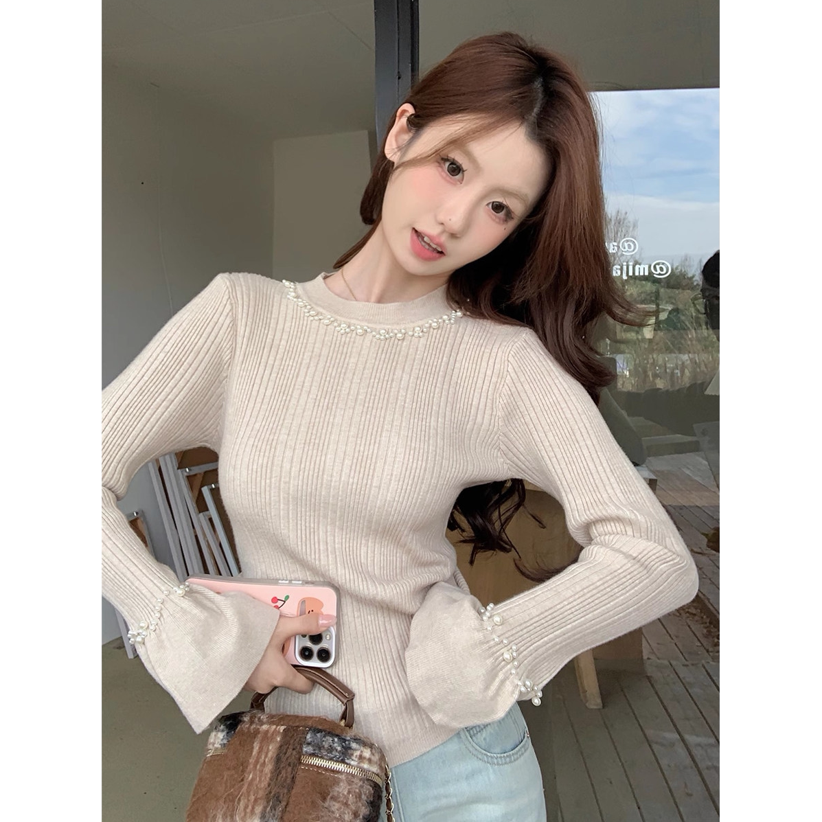 钉珠坑条针织衫女秋冬装内搭打底衫高级感穿搭毛衣喇叭袖修身上衣