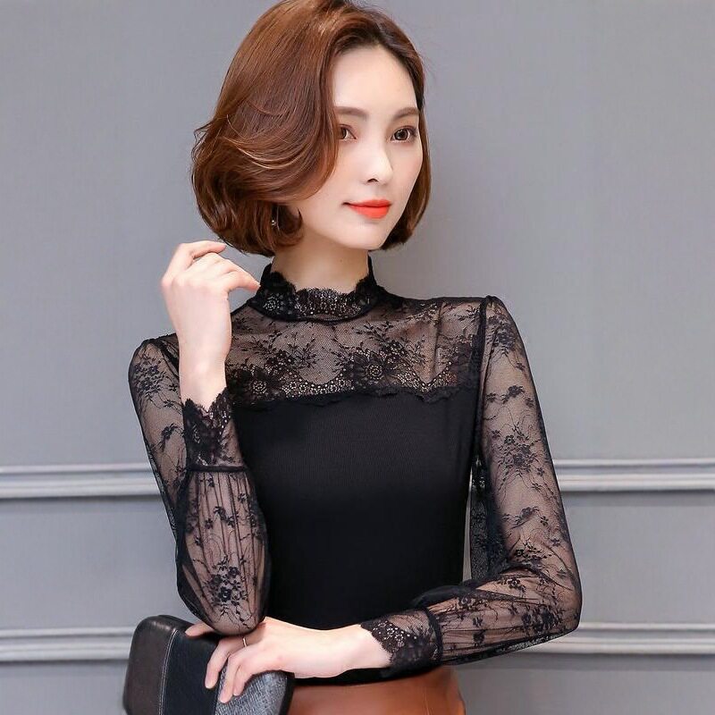 秋冬半高领蕾丝衫 打底修身百搭显瘦长袖内搭女上衣螺纹棉t恤