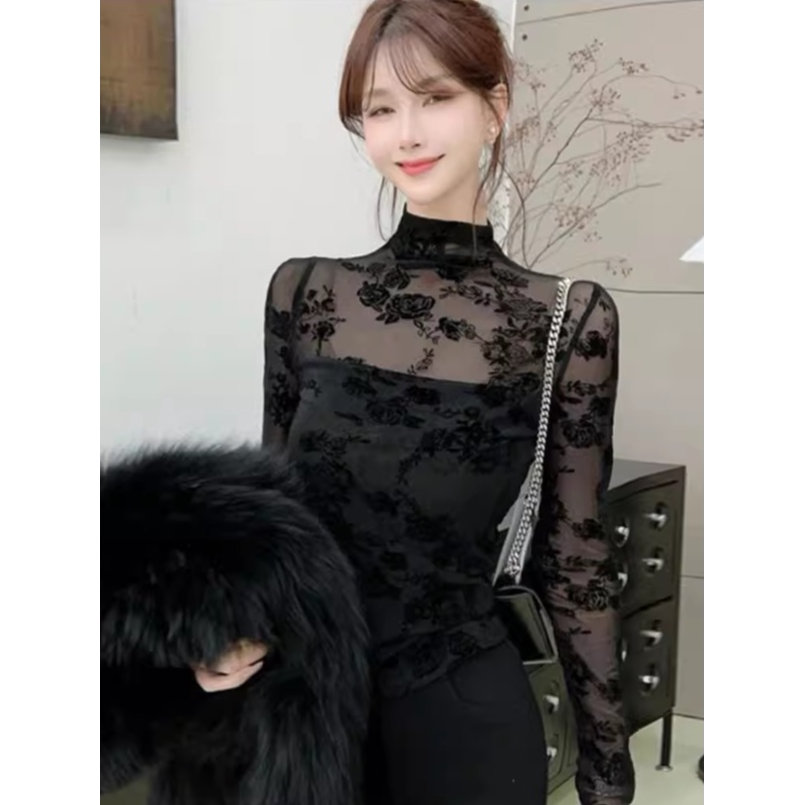 常规/加绒半高领轻熟网纱打底衫女内搭秋冬新款微透蕾丝长袖上衣