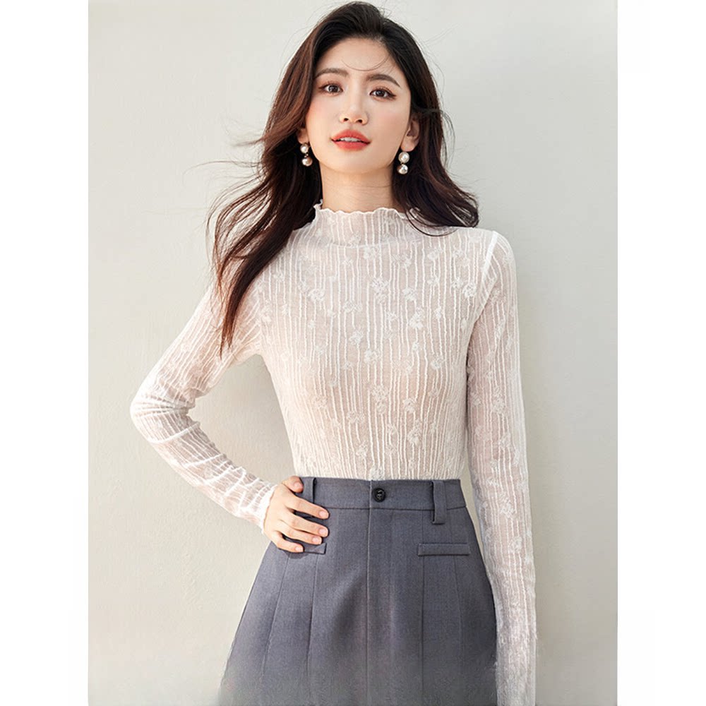 白色蕾丝立领针织衫女秋季季百搭修身气质打底上衣显瘦长袖网红