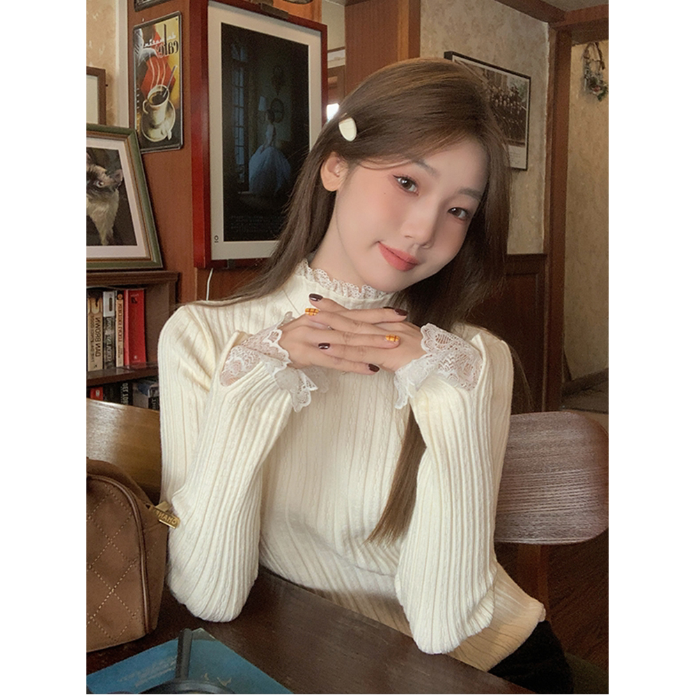 甜美减龄蕾丝拼接打底衫上衣女秋冬款半高领别致坑条内搭针织毛衣