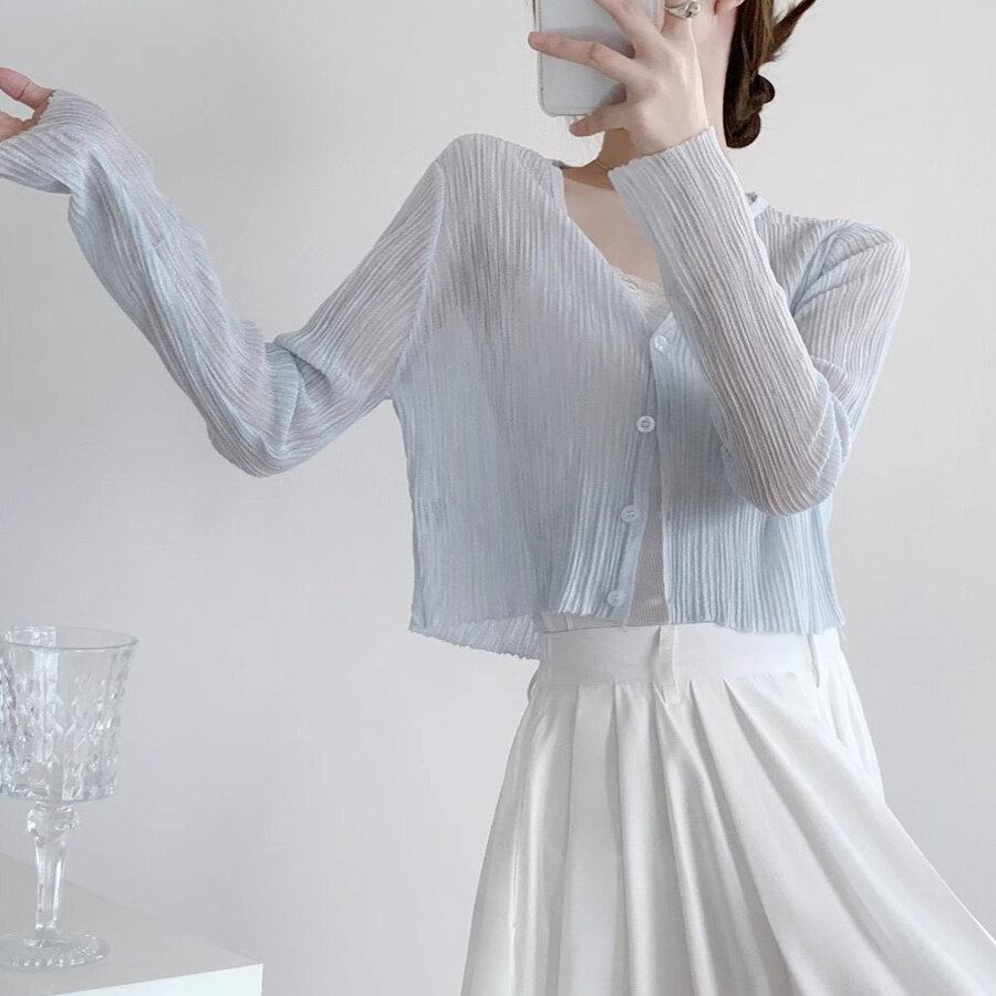 冰丝防晒开衫女薄款配吊带裙夏季外搭长袖v领罩衫短款上衣竹节麻