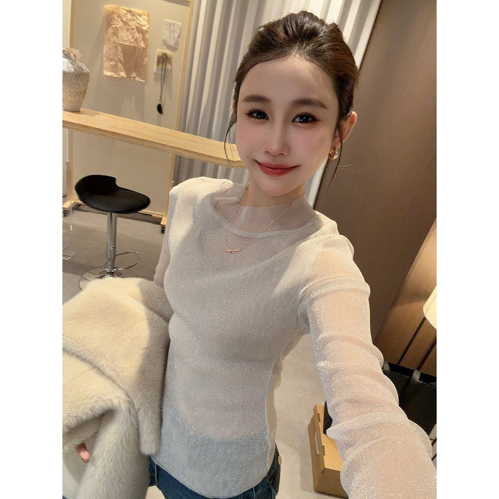 欧货双层网纱T恤女欧洲站高级感时尚亮丝微透性感内搭打底衫上衣
