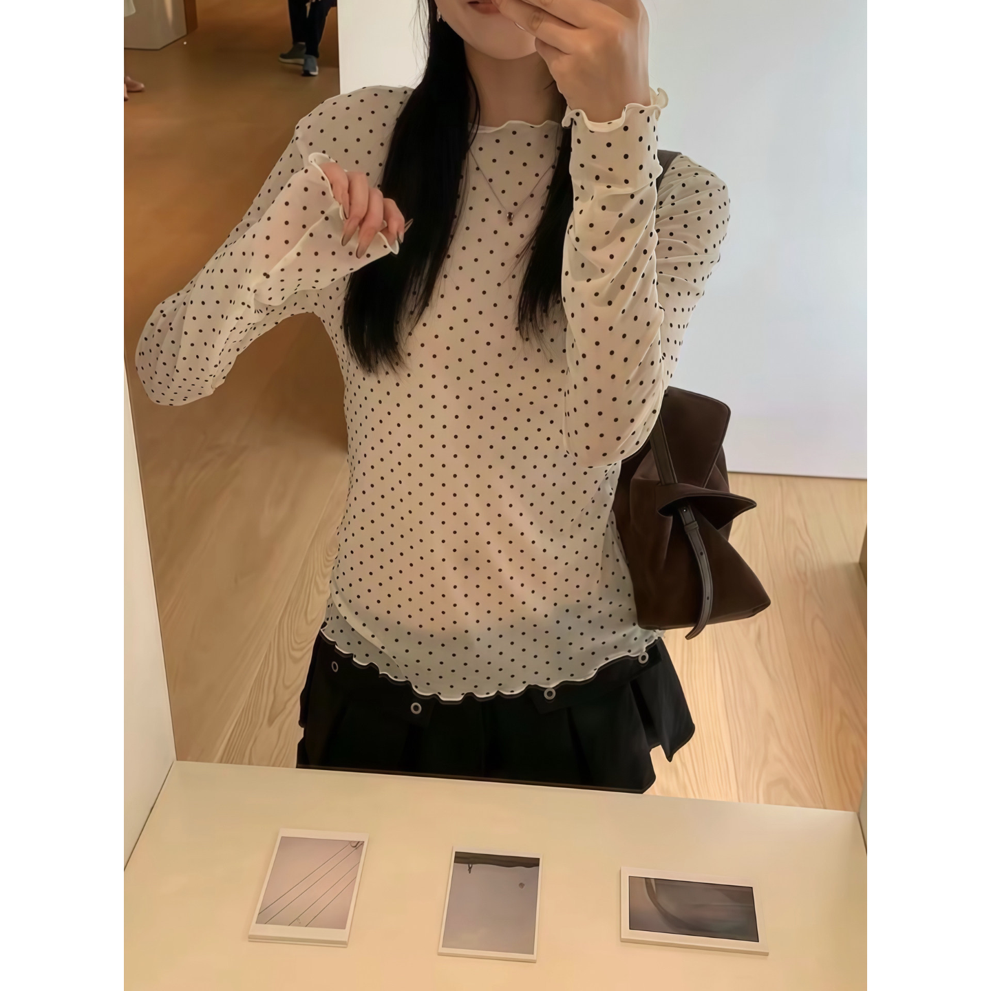 韩系波点大方领网纱长袖t恤女早秋季薄款叠穿纯欲微透打底衫上衣