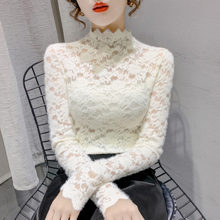 半高领磨毛蕾丝打底衫女秋冬高级感洋气小衫内搭花边长袖网纱上衣