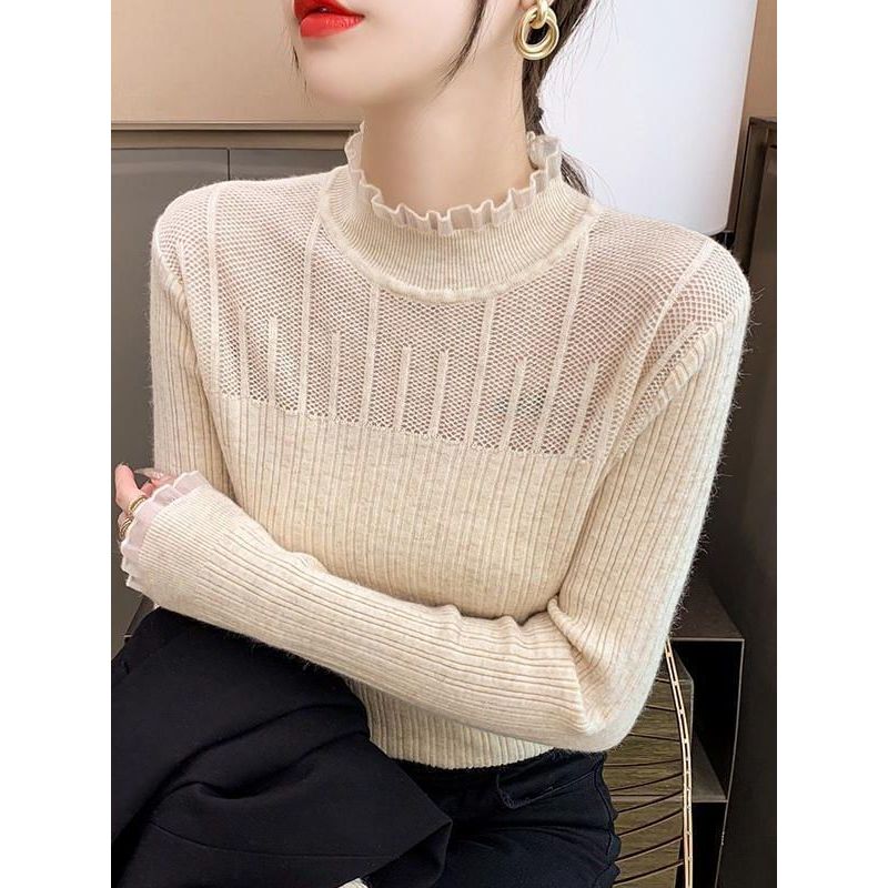 2024新款打底衫秋冬季女装甜美半高领蕾丝边修身显瘦内搭针织衫