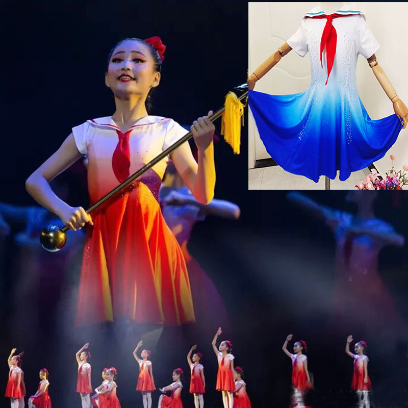儿童红领巾大合唱演出服装小学生红色裙子童心向党朗诵女童表演服
