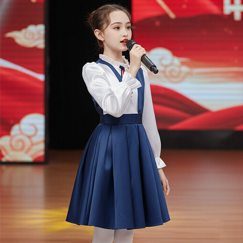 儿童合唱爱国朗诵比赛演出服女童小学生唱歌蓝色演讲主持人礼服装