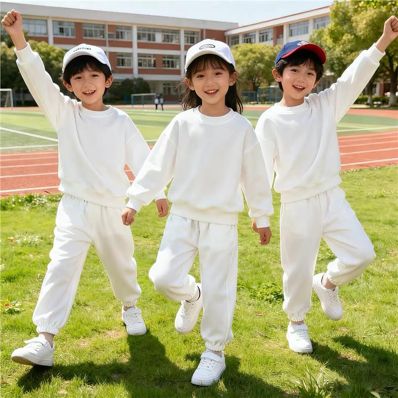 儿童白色厚棉T黑色裤子运动套装春装男女童幼儿园小学生运动会服