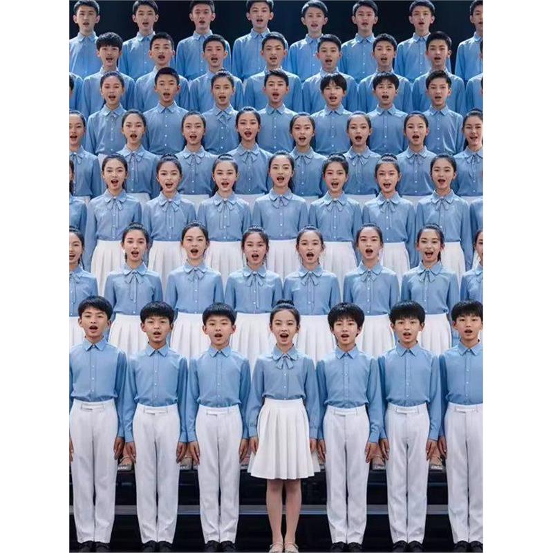 初高中学生爱国大合唱团朗诵演出服成人蓝色青春活力演讲服装班服图片