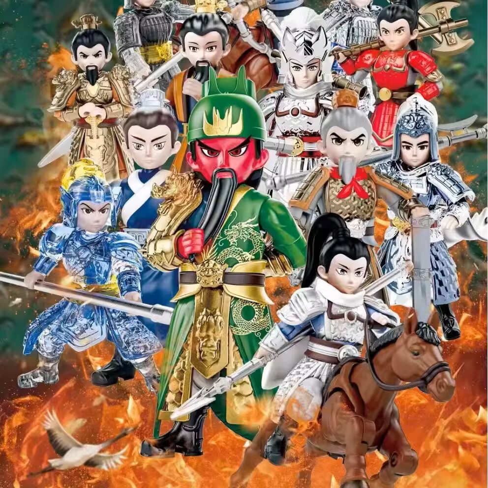 国潮三国群英人仔小侠积木儿童男孩拼装玩具盲盒礼物英雄关羽赵云