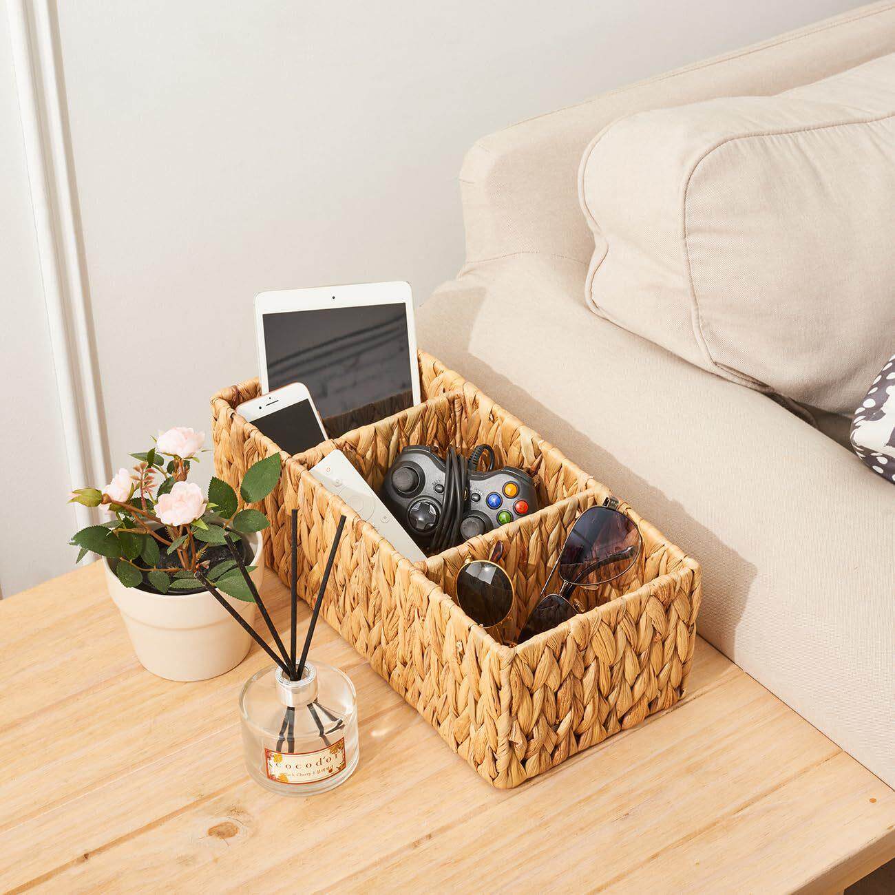 葫芦草手工编织桌面收纳筐杂物整理筐带隔断仿藤编置物篮田园风