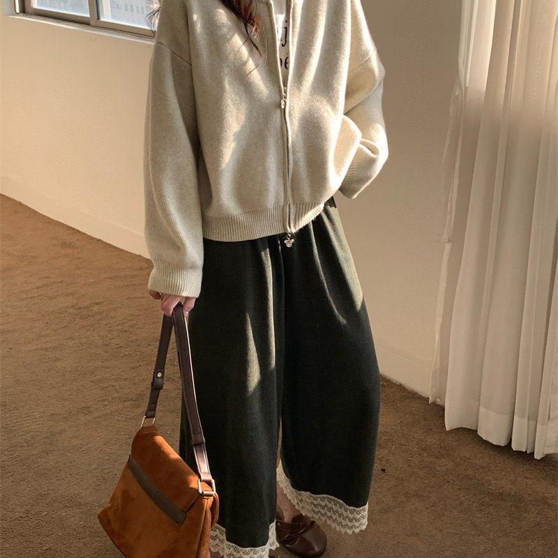 秋冬韩系针织开衫宽松圆领短款双拉链慵懒风设计感加厚毛衣外套