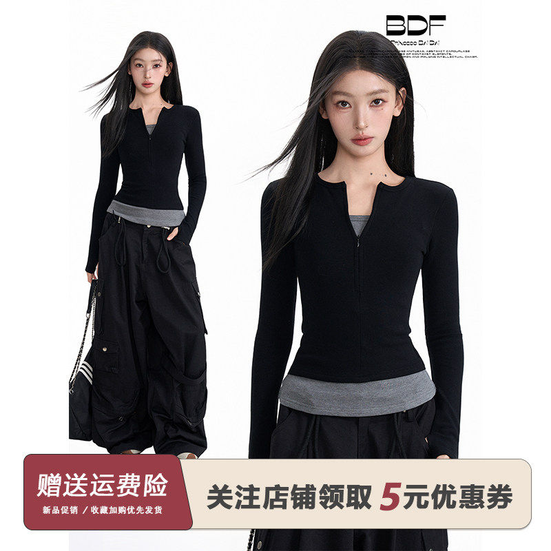 黑色假两件正肩长袖t恤女春秋冬修身紧身内搭打底衫半拉链v领上衣