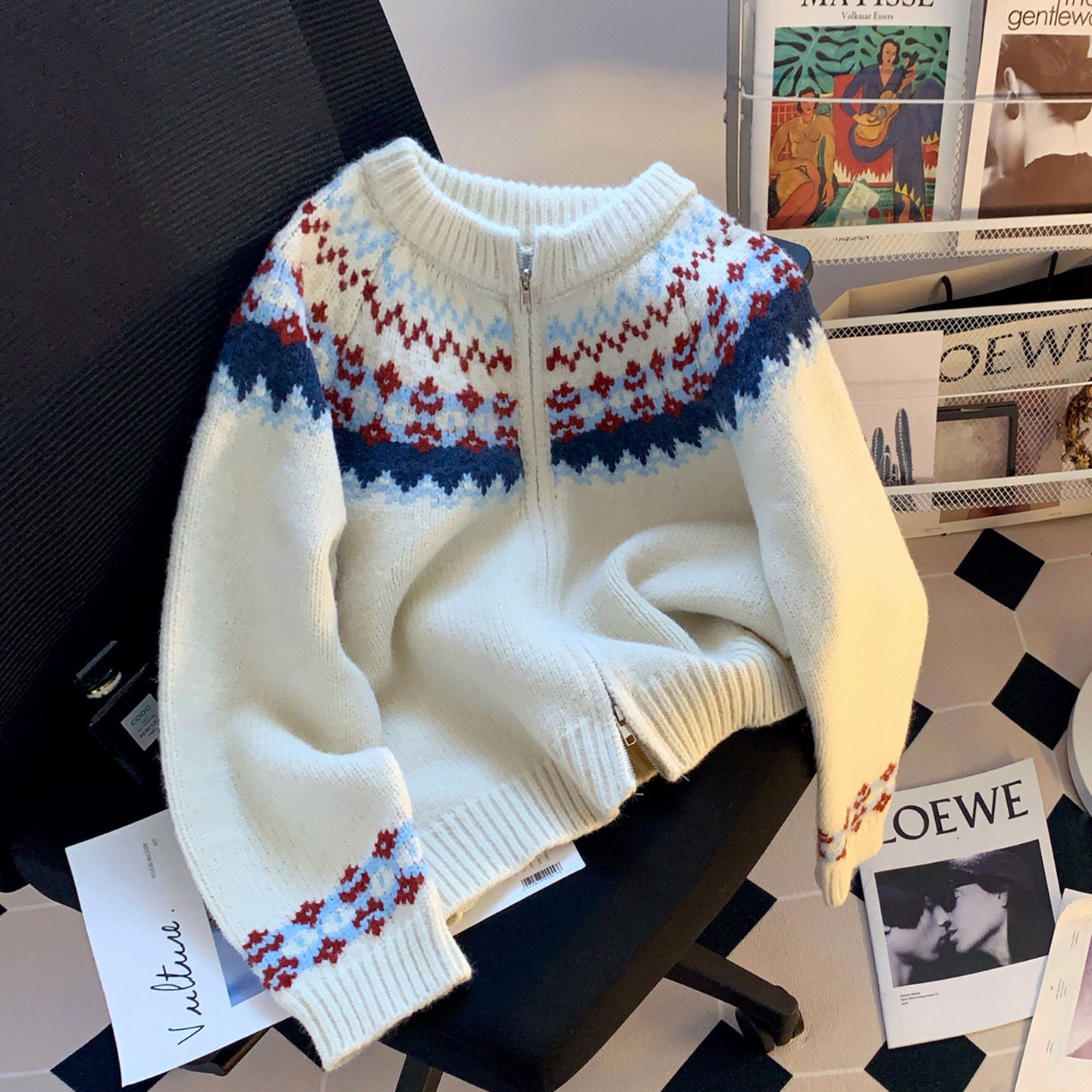 加厚费尔岛毛衣开衫外套女2025冬季新款韩系复古宽松百搭提花上衣