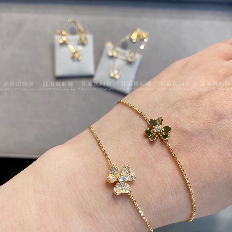 三叶花草项链锁骨链女高品质轻奢迷你满钻单花金色四叶草手链耳钉