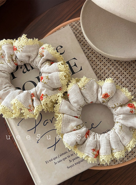 韩国东大门黄色花边进口棉麻碎花少女可爱温柔丸子头肠圈基础发圈