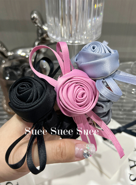 三色入韩国东大门氛围感玫瑰花蓝色布艺头花珍珠肠圈马尾法式发绳