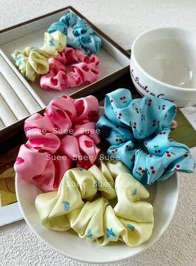 夏季韩国大肠发圈绸缎真丝质感草莓蝴蝶樱桃印花大肠发圈绑头发绳