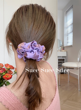 韩国东大门国风新中式紫色图腾花纹刺绣新国潮复古缎面大肠圈发绳