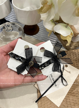 韩国东大门2024春款薄纱蝴蝶结灰色水钻刘海鸭嘴夹简约大气边夹