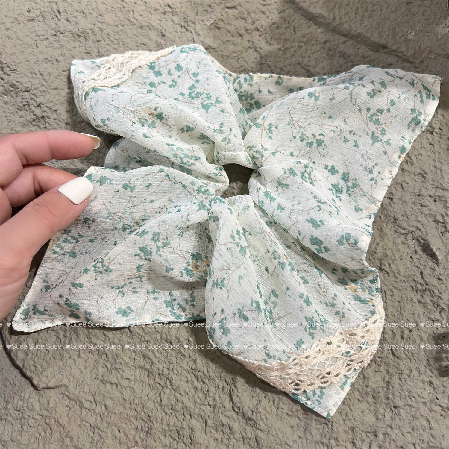 推荐绿色碎花清新文艺甜美少女方巾蕾丝大肠圈韩系小碎花chic发绳
