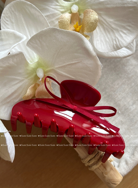 韩国东大门超正红色洋气显白醋酸简约经典款丝带蝴蝶结纯色鲨鱼夹