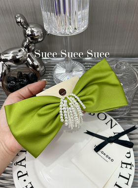 韩国东大门超美法式珍珠流苏甜美纯色缎面绿色春款蝴蝶结高级发夹