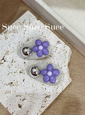 韩国东大门小清新紫色可爱小花朵金属球球醋酸小对夹刘海边夹发夹