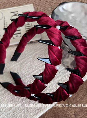 新年红显白酒红色丝绒褶皱发箍女珍珠装饰尖头水钻高颅顶气质发饰
