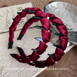 新年红显白酒红色丝绒褶皱发箍女珍珠装饰尖头水钻高颅顶气质发饰