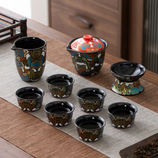 国潮风陶瓷茶杯家用主人杯单杯金银错品茗杯功夫茶具建盏礼品