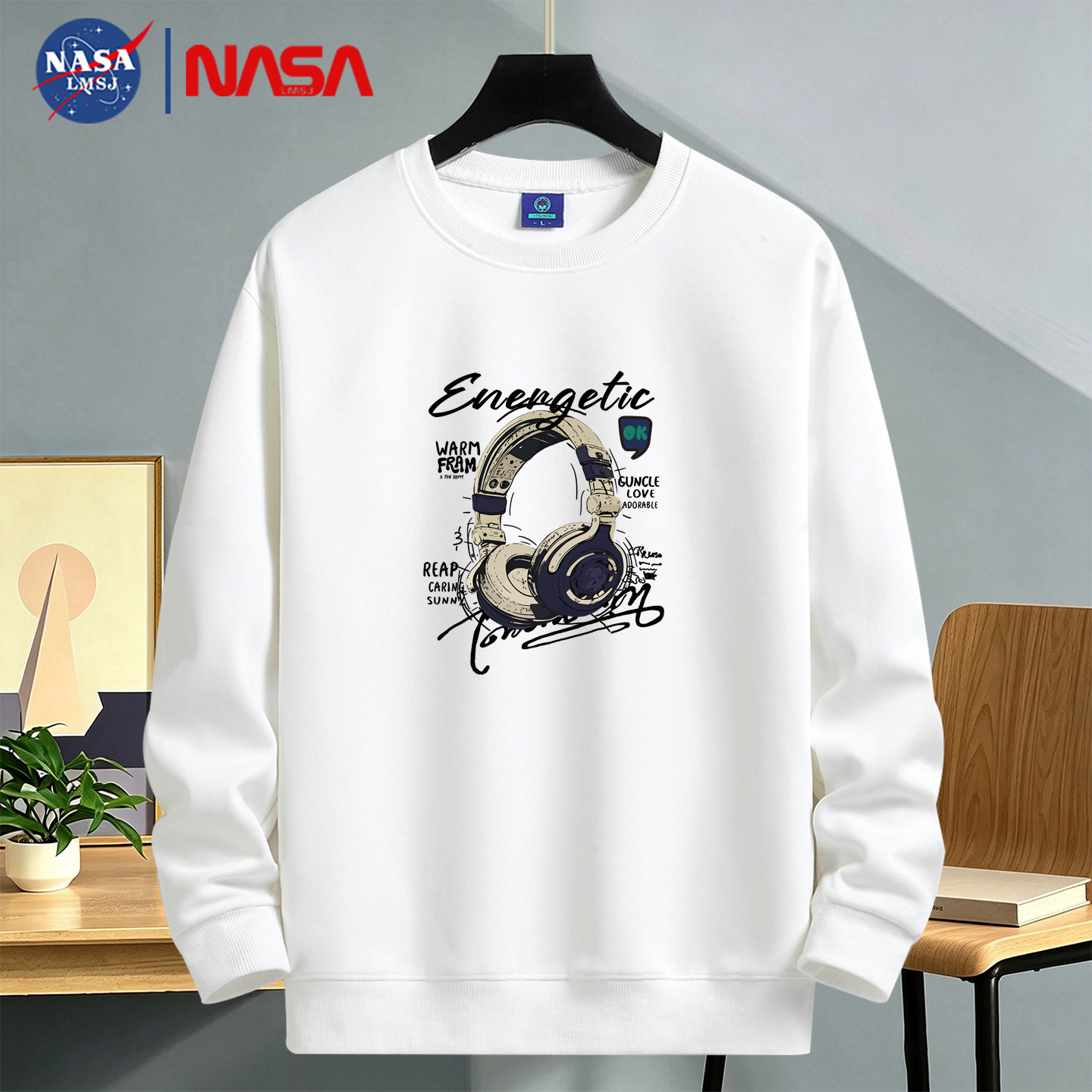NASA原创秋冬圆领加绒卫衣男青少年学生宽松印花套头衫潮流上衣