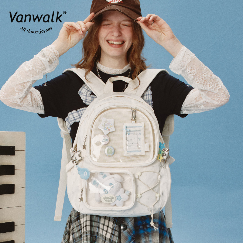 VANWALK happy band新款大容量轻便双肩包女痛包休闲通勤书包ins