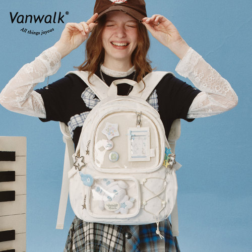 VANWALK happy band新款大容量轻便双肩包女痛包休闲通勤书包ins